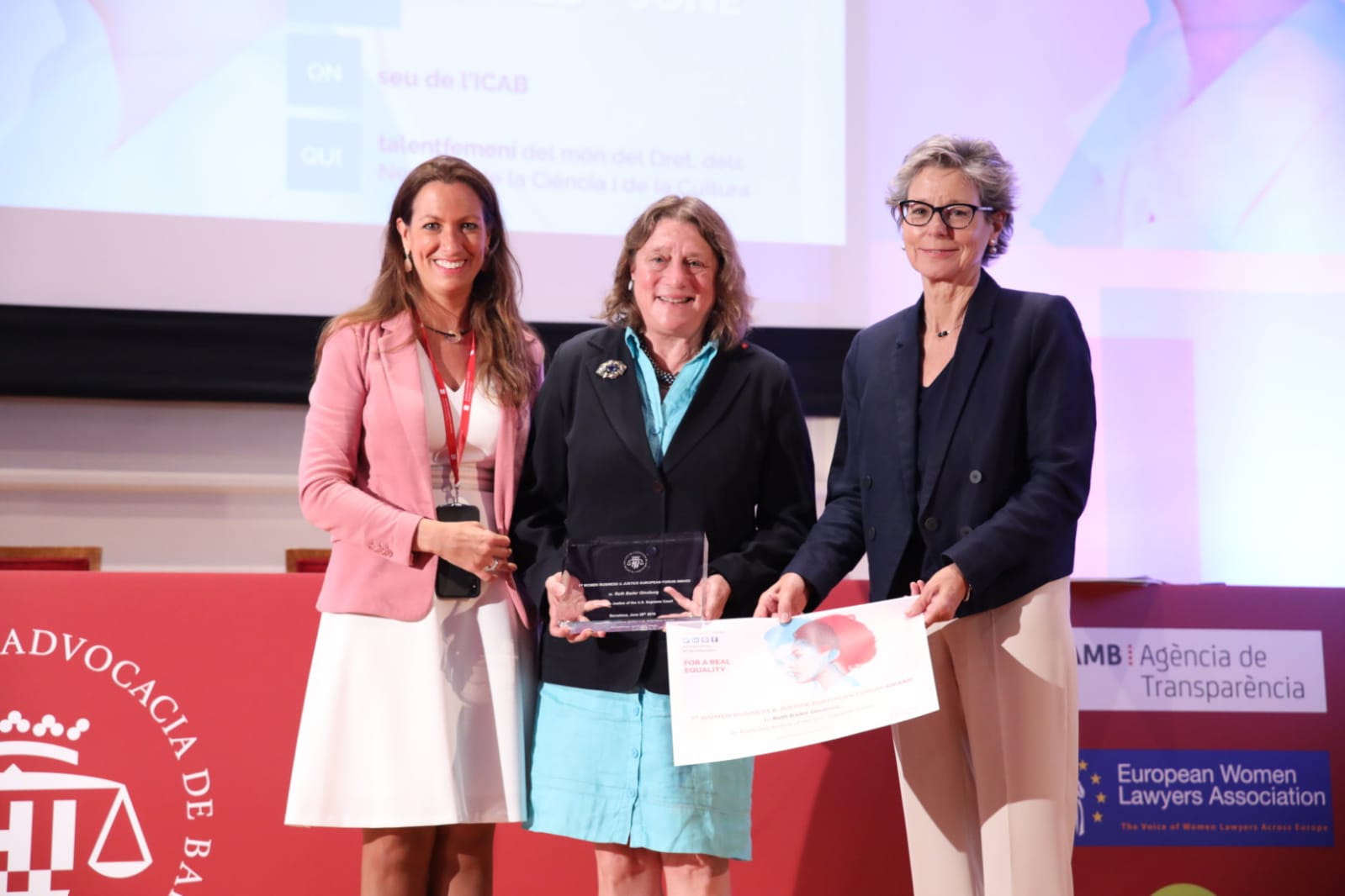 L'ICAB concedeix el '1st Women Business & Justice European Forum Award’ a la jutgessa de la Cort Suprema dels Estats Units Ruth Bader Ginsburg